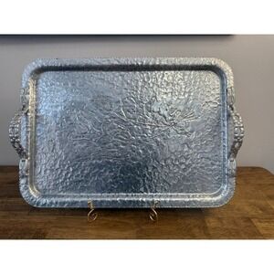 Vintage Hammered Aluminum Floral Serving Tray Art Nouveau Handles Mid Century